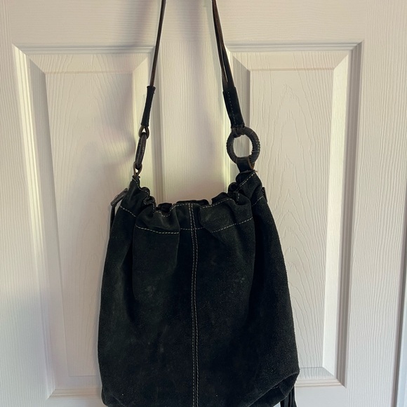 Vintage Lucky Brand Black Suede Leather Hobo Bag Purse 90s/Y2k fringe tassels - Picture 2 of 12